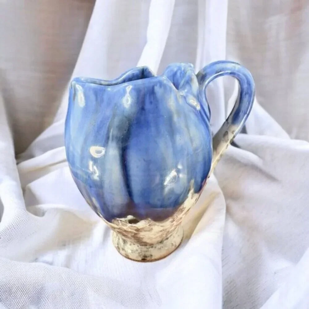 Italian Art Pottery Small Pitcher Creamer Drip Glaze Folded Edges Specked Inside